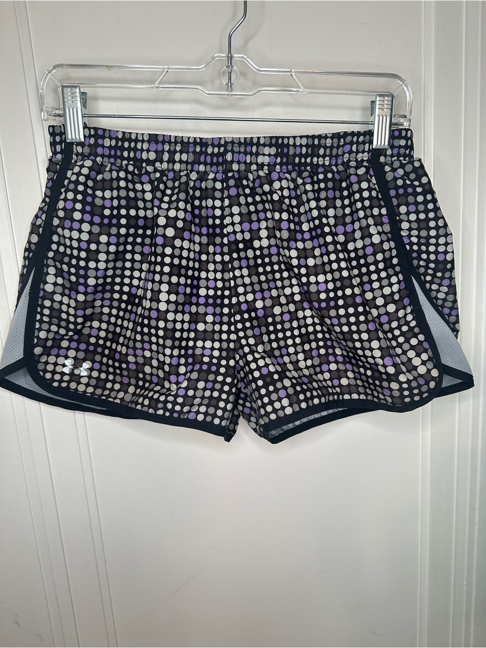 Under Armour Black Athletic Shorts with Purple and White Dot Print